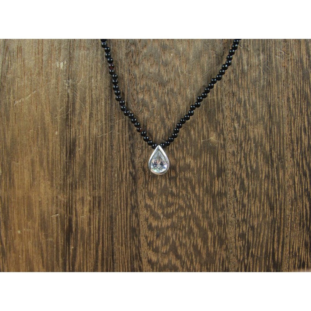 16 Inch Sterling Silver Black Beaded Pear Cubic Zirconia Necklace